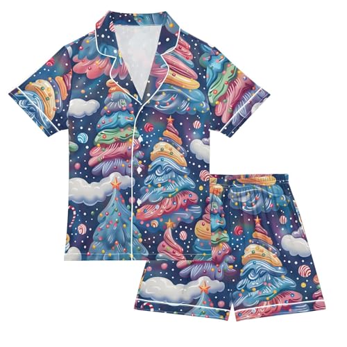 Satin Pajama Sets Short Sleeve Christmas Trees with Candy Canes Button Down Silky Nightwear 2 Piece PJS 5-14Y