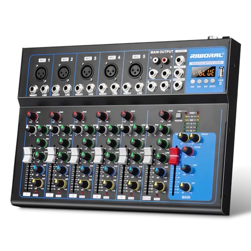 7 Channel Audio Interface USB Audio Mixer Sound Board Mixing Console Built In Bluetooth MP3 Computer Input +48V Phantom Power Mixer Audio For Karaoke Dj Stage Streaming Studio