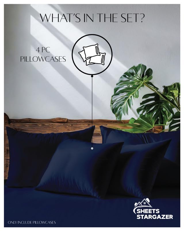 Image of 1000 Thread Count 100% Egyptian Cotton Pillow Cases, Set of 4 Pillowcase, Long-Staple 100% Cotton Breathable, Soft Sateen Weave Bed Pillow Cover, 20 X 40 Inches Pillowcases Navy Blue King Size