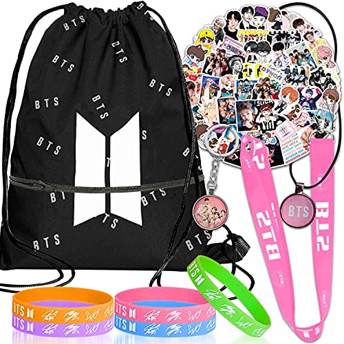 BTS Gift Set for Army,Drawstring Backpack,Stickers,Necklace,Wristband,Lanyard,Keychain-Ideal Fans Gift