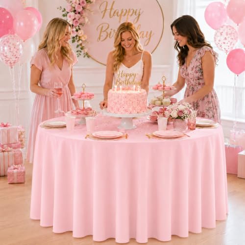 Image of WNINK 4 Pack Light Pink Round Tablecloth, 84 Inch Disposable Plastic Table Covers, Light Pink Round Table Cover for Birthday Parties, Holiday, Picnic, BBQ, Family Gathering Party Supplies