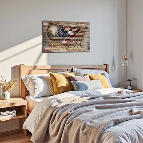 Image of Framed We The People Bald Eagle USA Map Wall Art, Patriotic American Flag Canvas Art Pictures, Patriotic Wall Decor for Office Living Room Man Cave, Ready to Hang Made in USA