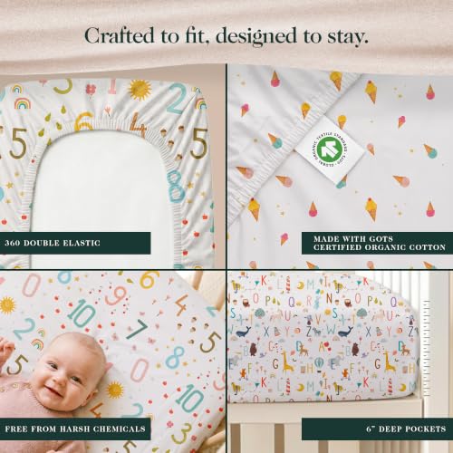 Image of 100% Organic Cotton Baby Crib Sheets (3-Pack) - GOTS Certified, Soft Fitted Sheets for Mini Mattress & Pack n Play, 5 inch Deep Pocket with Secure Elastic Fit, Boys & Girls, 28 inch x 55 inch (Little Learners)
