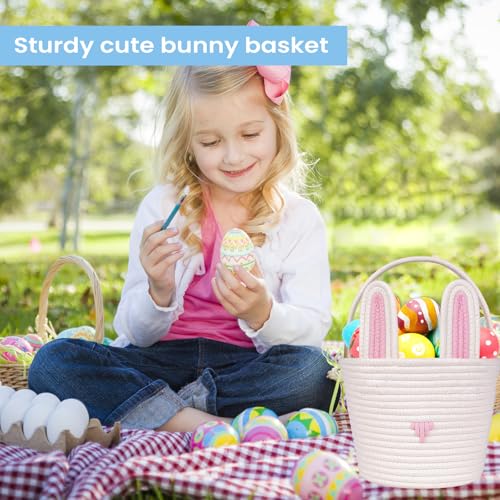 Image of Easter Basket for kids Empty Bunny Egg Baskets With Handle And Ears Easter Gifts Cute Woven Basket (pink)