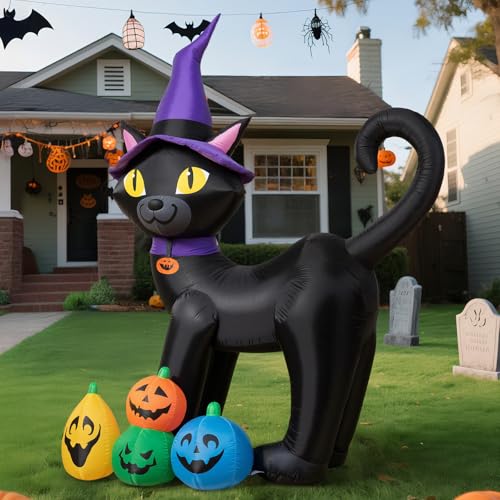 6FT Halloween Inflatable Black Cat with Witch Hat and 4 Colorful Pumpkins Cute Blow Up Yard Decoration with LED Lights for Lawn Garden Balcony Outdoor Holiday Party Events