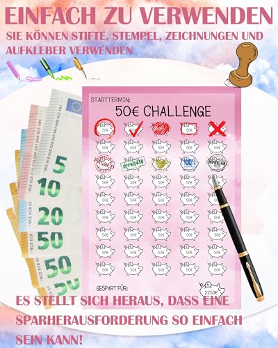 Sugeru 24pcs Budget Planner Deutsch-A6,Sparchallenge Budgetplaner,Budget Planner Zubehör,Spar Challenge mit 2€, 5€, 10€, 20€, 50€, Kleingeld, 52 TAGE, 100 TAGE,8 Farben Sparchallenges(Schweinchen)