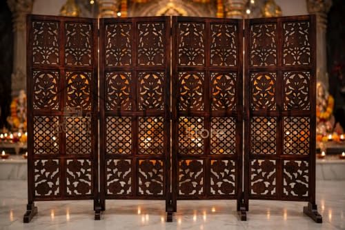 Image of Wooden Room Partition Screen Divider with Stand for Living Room and Bedroom (Brown) | Folding Sheesham Wood Room Separator Wall for Office and Salon