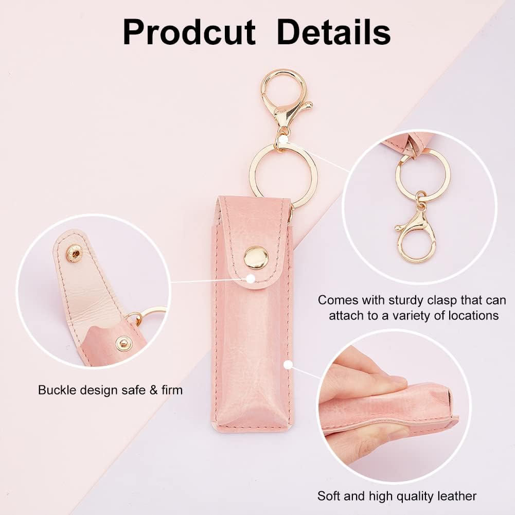 WADORN Chapstick Keychain Holder, 6.3 Inch PU Leather Clip-on Lipstick Organizer Pouch Portable Lip Balm Sleeves Holder with Keychain Lip Gloss Holder Storage Women Travel Outdoor Accessories, Pink image 4