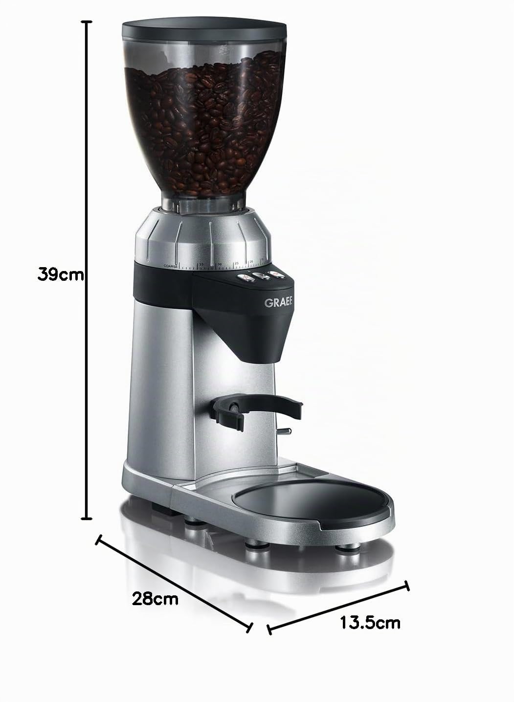 GRAEF Molinillo de café CM900, 40 niveles de molido, molido a demanda, dosificación automática, depósito de 350 g, función programable, recipiente extraíble, color plateado