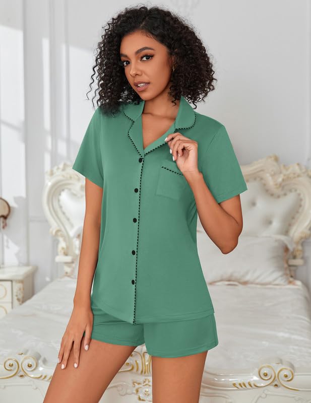 Image of Ekouaer Womens Pajamas Set Button Down Pjs Lounge Sets Short Sleeve Sleepwear Soft Loungewear Nigthwear