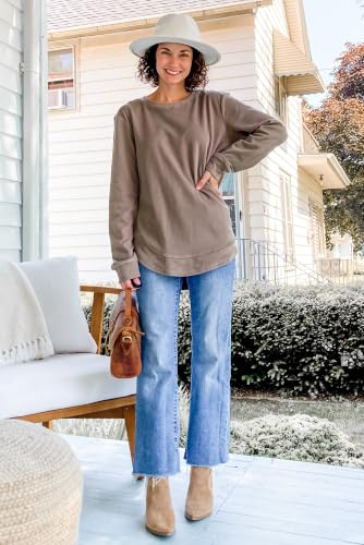 Image of OFEEFAN Womens Sweatshirt Crewneck Long Sleeve Shirts High Low Tops Curved Hem