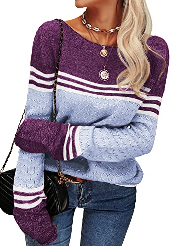Image of Danedvi Womens Fall Fashion 2026 Sweaters Colorblock Lightweight Striped Crewneck Winter Trendy Pullover Tops