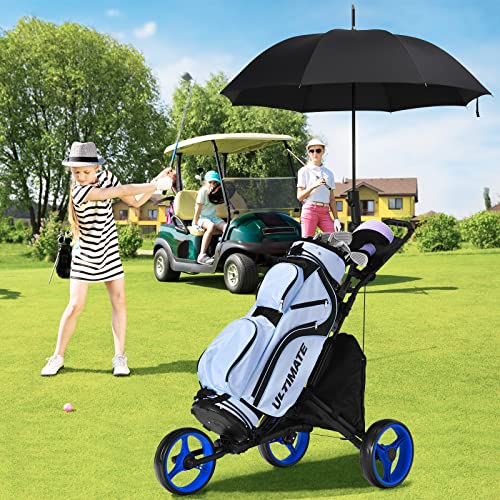 SPOTRAVEL 3 Wheel Golf Trolley, Folding Golf Cart with Storage Bag, Umbrella Holder, Foot Brake & Built-in Cooler, Portable Golf Push Trolley(Blue,Without Detachable Seat,122 x 69 x 98-114cm) - Image 8