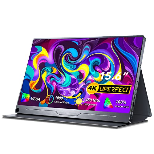 Uperfect Truely 4K Computer Monitor, 15.6" Uhd Freesync 100% Adobe Rgb 450 Nits Brightness Hdr Ips Speaker Eye Care Game Display Type-C Hdmi Dp For Xbox Ps4 Switch Laptop Phone Mac, Vesa & Smart Case #TOP13