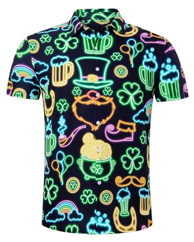 ALISISTER St Patrick's Days Shirt for Men Green Clover Beer Hat Funny Novelty Shamrock Leaf Tops Vacation Button Down Short Sleeve Holiday Party Clothes