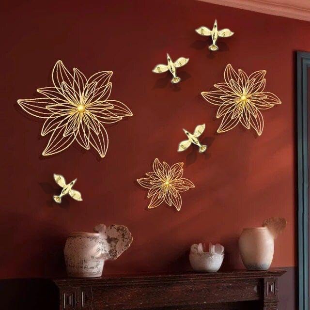 ZOVE Metal Set of 3 Pieces Golden Flowers Wall Art Hanging Perfect For Home, Hotel, Restaurant, Living Room Decoration (24 x 24 Inch)(Golden)