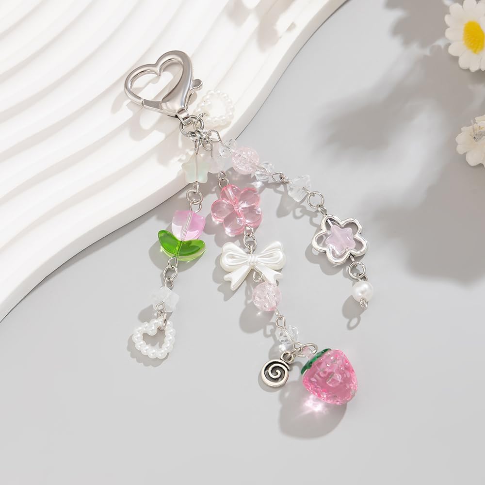 Pink Flower Strawberry Keychains Bow Key Chains Women Cute Keychain Charms Kawaii Flower Keychain Accessories Bag Charms for Handbags Tote Bags Heart Star Bowknot Floral Purse Charm Car Key Chain - Image 7