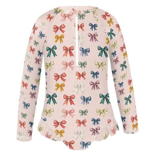 Colorful Bows Girls Long Sleeve Rashguard Swimsuit UV Protection One-Piece Swimwear Bathing Suit B04049002