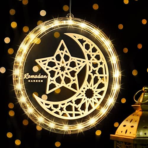 Eid Ramadan Decorative Window Lights, 8in Eid Moon Star Hanging Lights with Suction Cup Portable, Islam Mubarak Islamic Muslim Light Decor for Outdoor Indoor Bedroom Holiday (Moon and Star Style)