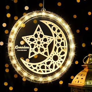 Eid Ramadan Decorative Window Lights, 8in Eid Moon Star Hanging Lights with Suction Cup Portable, Islam Mubarak Islamic Muslim Light Decor for Outdoor Indoor Bedroom Holiday (Moon and Star Style)