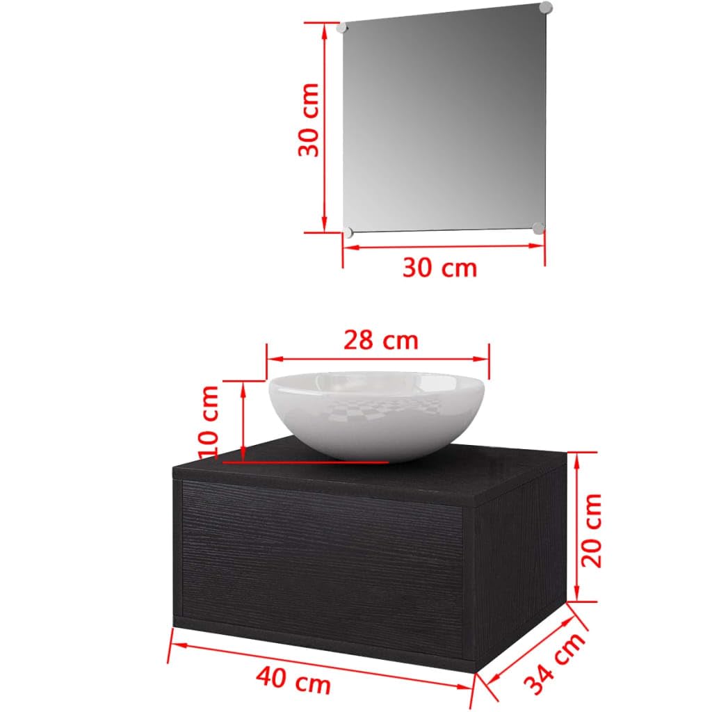 3-TLG. Badmöbel-Set, Waschbecken mit Unterschrank & Spiegel, Gäste-WC Möbel Set, Wand-Waschtisch aus Holzwerkstoff, Aufsatzwaschbecken Keramik 280mm, Schwarz