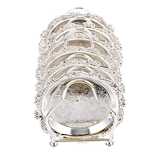 NUOBESTY 6pcs Gold Food Plates Fruit Dessert Snack Serving Dishes Party Dish Metal Food Tray with Storage Rack for Appetizer Candy Party Treat Silver