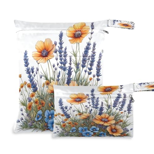 ATTX Colorful Wildflowers Wet Dry Bags 2-Pack - Reusable Cloth Diaper Storage for Travel, Beach & Gym | Multi-Use Waterproof Bags for Swimsuits, Baby Clothes, Sports Gear#145