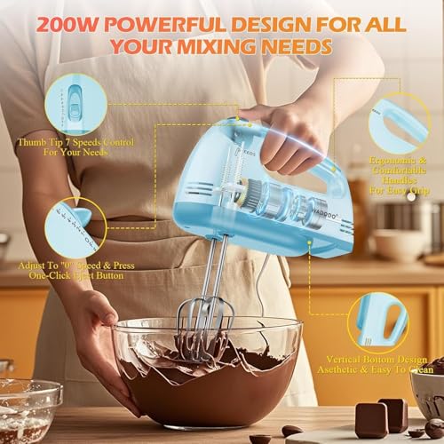 WADODO Electric Hand Mixer - 7-Speed Portable Handheld Mixer with 304 Stainless Steel Beaters, Dough Hooks & Whisk, Ideal for Baking - Image 3