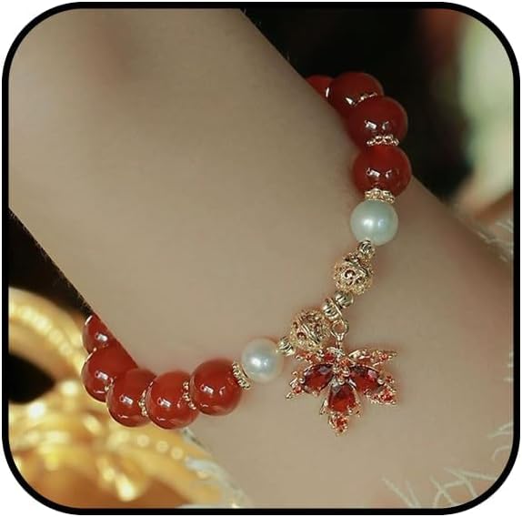 Vintage Leaf Bracelet for Women Maple Leaf Fall Bracelet Natural Red Jade Stretch Bracelet Gold Stretch Bracelet OT Clasp Bracelet Jewelry for Women