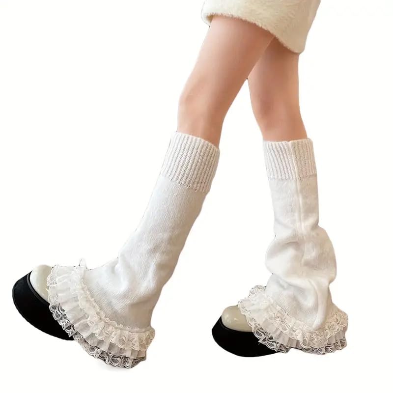 1 Pair Women's Ruffled Lace Trim Leg Warmers, Sweet And Cute Knee High Socks, Lace Trim And Ruffled Design