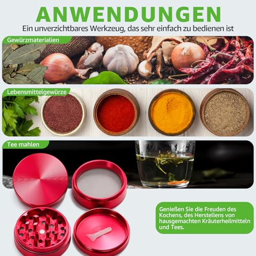 Dcou Aluminium Gewürze Kräutermühle mit Pollensammler, Mehrfachkammern und magnetischen Deckel 4-teilig 2,5 - Zoll (Reines Rot)