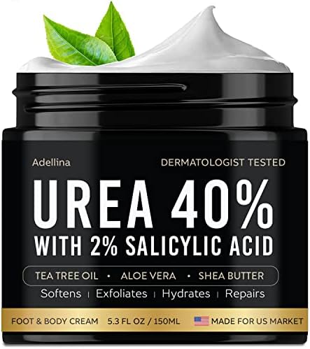 Adellina Urea Cream 40 Percent for Feet - 40% Urea Foot Cream for Dry Cracked Heels - Callus Remover for Feet with 2% Salicylic Acid, Tea Tree Oil, Shea Butter, Aloe Vera, Foot and Body Cream 5.3 Oz