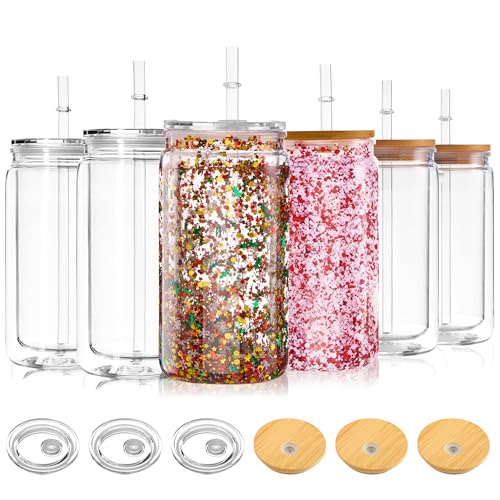 BGRAING 6 Pack 16 oz Acrylic Snow Globe Tumbler Double Wall Plastic Snowglobe Tumbler Cups with Pre-Drilled Hole, 100% Leak Proof, with Bamboo Lids & Clear Lid, for Snow Globe Glitter DIY Gift