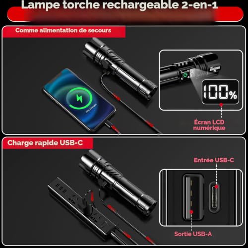 Shadowhawk Lampe torche rechargeable 24h (2 piles) | IP67 étanche 500000 lumens lampe de poche super lumineuse avec écran LCD pour camping/urgence/promenade du chien/coupures de courant, 5 modes – vue 6