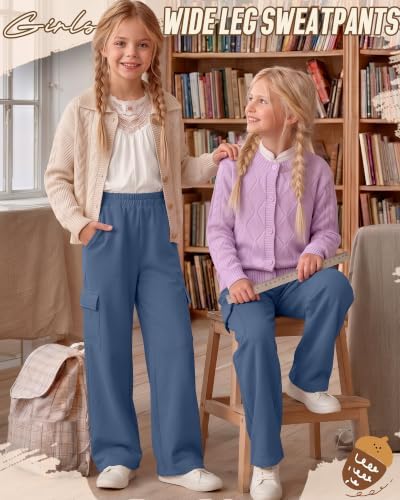 Hyggeweir Girls’ Cargo Sweatpants Kids Wide Leg Straight Baggy Sweat Pants Elastic Waist Casual Athletic Pants with Pockets(11-12 Years,Haze Blue) — view 2