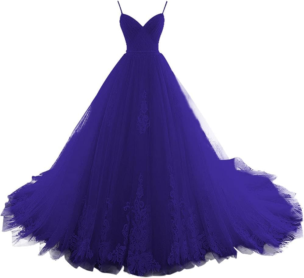 Vjjllst Women's V Neck Prom Dress Long Quinceanera Dresses Tulle Formal Evening Gowns Appliques Pleat