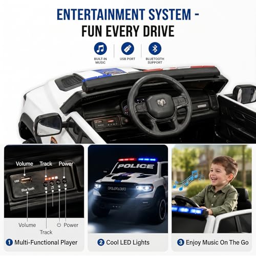Image of 24V Licensed Dodge RAM Police Ride On Truck, 4WD Motor Kids Electric Car with Remote Control, 2-Seater Safe Ride On Vehicle, Bluetooth Music Emergency Light, Birthday Gift for 3-8 Years Boys Girls