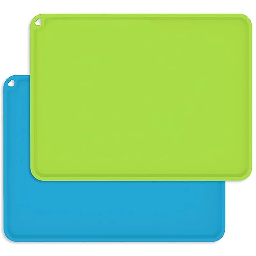 Silicone Kids Placemats, Non-Slip Silicon Placemats for Kids Baby Toddlers Childrens, Kids Portable Placemat for Dining Table, 2Pack, Blue/Green