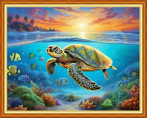 Image of Foxdiviy Stamped Cross Stitch Kits for Beginners Full Range of Cross Stitching 11 CT Printed Cross Stitch Kits for Adults Cross Stitch Patterns Needlepoint Kits-Ocean Turtle 16x20 inch
