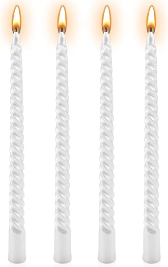 White Candles, 10'' White Taper Candles, Set of 4 Spiral Twisted Dinner Candles, Non-Drip 7 Hour Burn Time Unscented Decorative Candle Sticks for Valentine's Day Christmas Birthday Party Home Decor [Energy Class A+++]