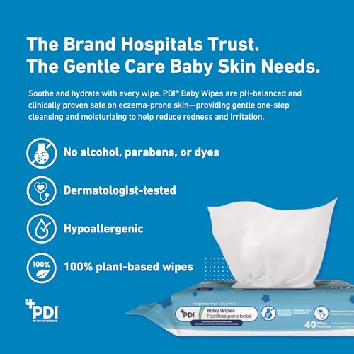 Image of PDI Baby Wipes, Hypoallergenic, Eczema Safe, Fragrance Free, Plant-Based Wipes, 1-Pack, 40 Wipes per Pack, 8.0 x 6.7 in