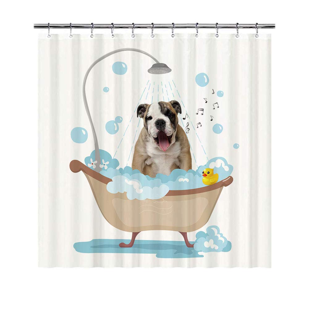 BAGEYOU Funny Dog English Bulldog in Bath Shower Curtains Cute Puppy Taking A Shower Waterproof Polyester Fabric Bathroom Curtain 66 X 72 Inch, with 12 Hooks