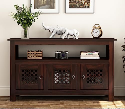 Image of Solid Sheesham Wood Wooden Sideboard Storage Cabinet & Chest of Drawer : Ideal for Living Room and Bedroom with 3-Shelf Storage (Hurtado, Walnut Finish)