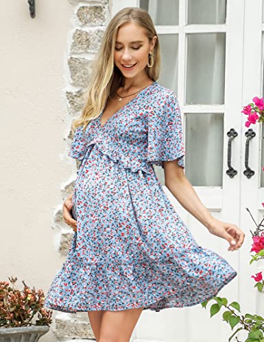 Coolmee Maternity Dress Women's Maternity Summer Floral Print V Neck Casual Mini Boho Ruffle Swing Dress Blue Print L #TOP5