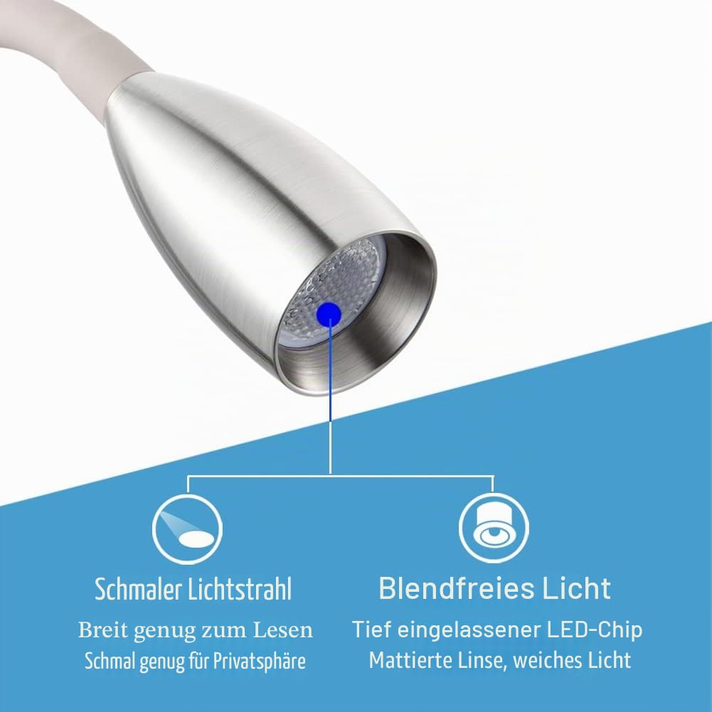 acegoo Leselampe 12V LED Dimmbar Bett Lampe, Flexible Wandmontage Schwanenhals Nachttisch 24V 3200K Eingebauter Dimmer & Typ C Schnellladegerät, für Boot Wohnmobil Auto Camper Van Yacht (Silber)