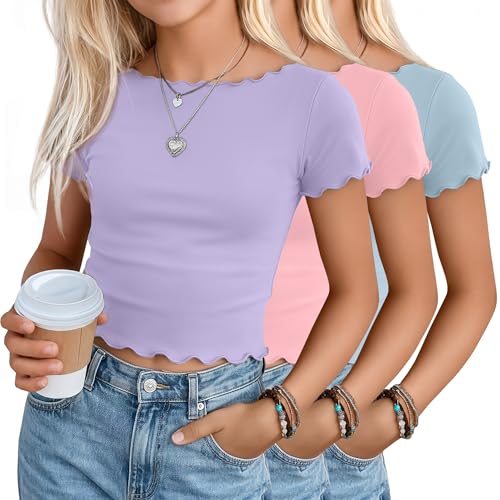 Oakgarden 3 Pack Girls Crop Tops Short Sleeve Teens Boat Neck Fitted Tees Lettuce Trim Cropped T-Shirts for Kids 5-16 Years(Purple Pink Blue 11-12 Years)