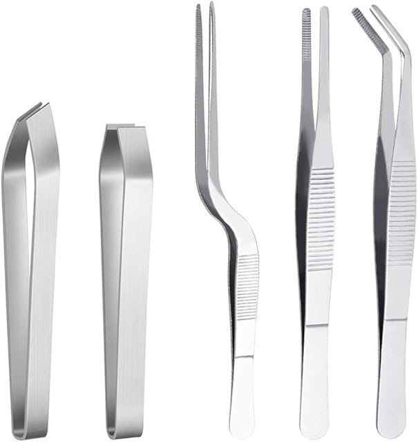 KBNIAN 5 Pcs Fish Bone Tweezers Stainless Steel Tongs 6.3 Inch Tweezers Flat and Slant Fish Bone Tweezers Pliers Bone Remover Tools Set for Chef Cooking Utensils, Sea Food, Beauty Tools