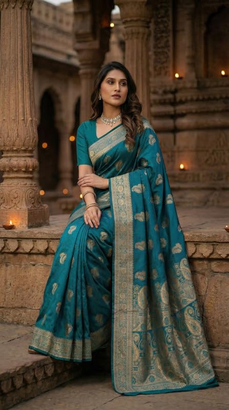 Image of C J Enterprise Women's Pure Soft Silk Saree With Blouse Piece For Wedding (KeriLichi)
