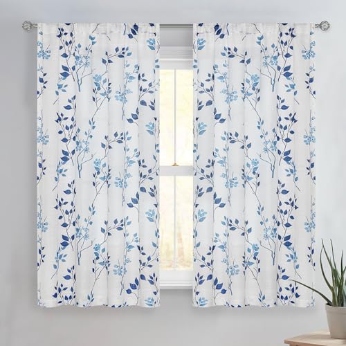 Image of Beauoop Floral Linen Semi Sheer Curtains Living Room Blue Navy 50x63 2 Set