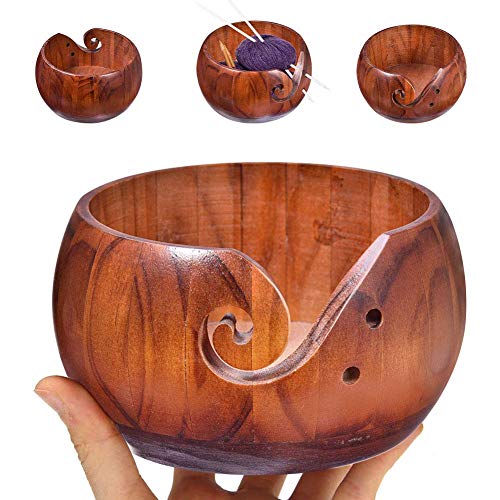 Image of Wooden Crafted Yarn Ball Storage Bowl with Carved Holes and Drills Holes Wooden Yarn Bowl for Crocheting Knitting Accessories DIY Crafts (C)